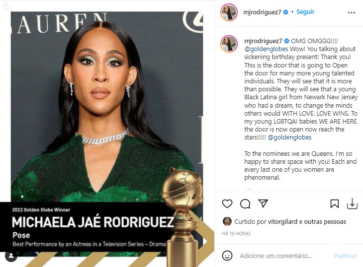 MJ Rodriguez se torna a primeira trans premiada pelo Globo de Ouro (Foto: Reprodução/Redes Sociais)